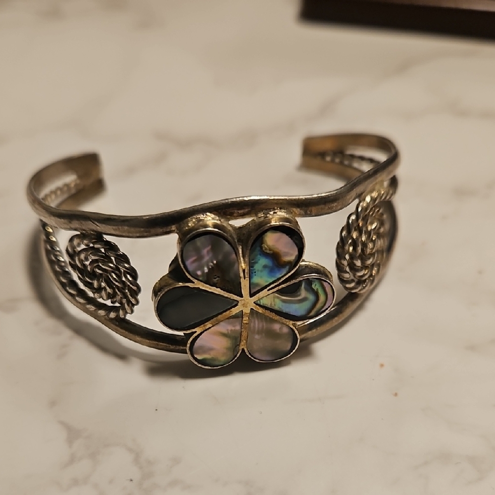 Silver and Abalone Shell Clover Cuff Bracelet Stamped Mexico